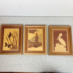 Set of 3 Wood Inlaid Wall Art